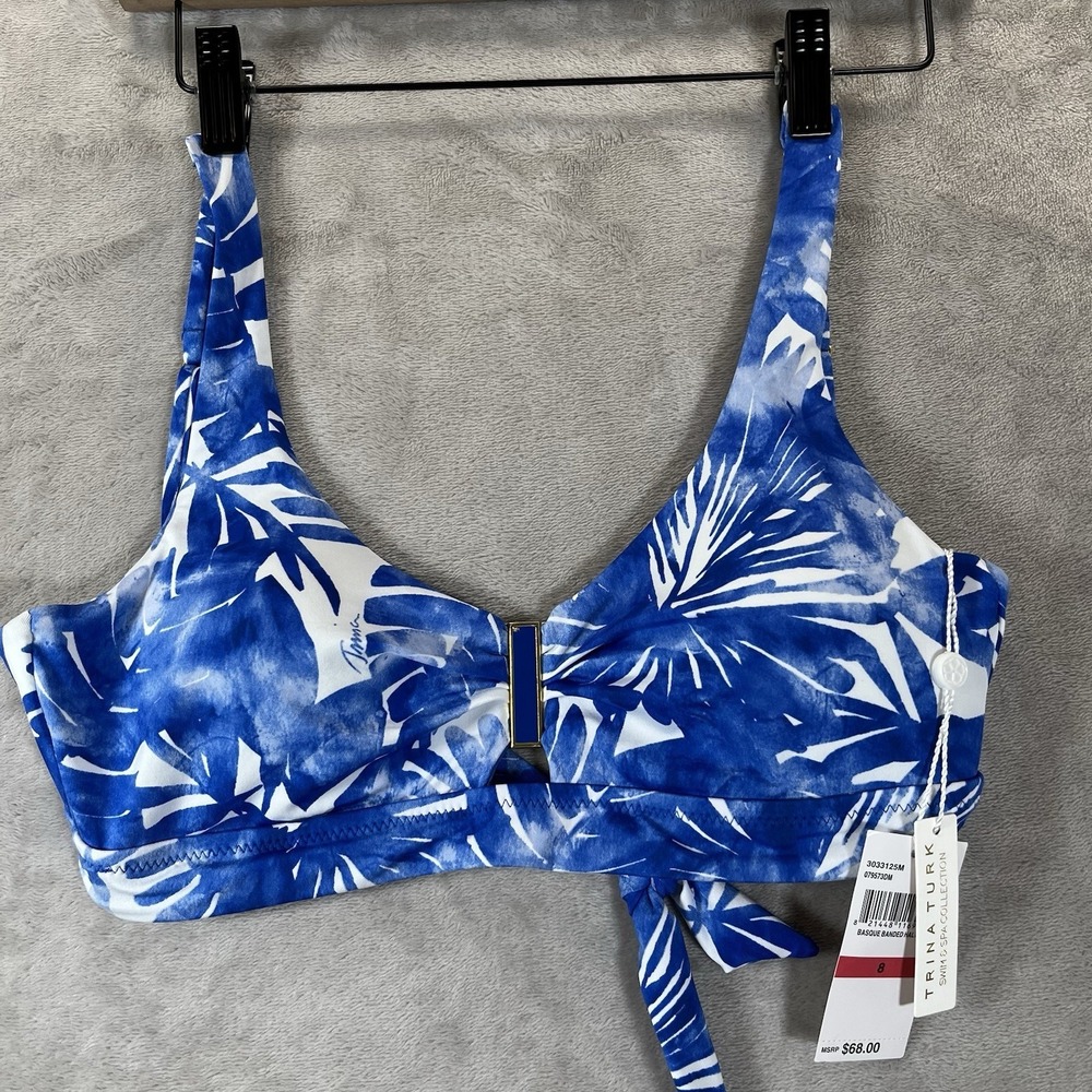 Trina Turk Women's Blue Basque Banded Bikini Top Swimwear Size 8 NEW‎